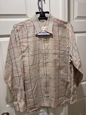 Gitman Brothers Beige Plaid Dress Shirt with Blue, Red & Green Stripes